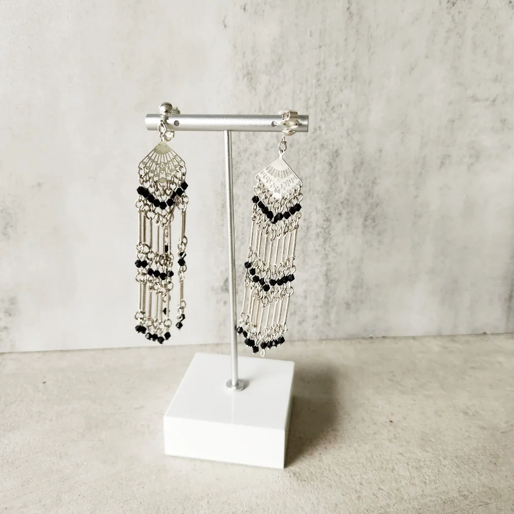Long Chandelier Earrings Black Beads Silver Toned Metal Multistrand Boho Gift